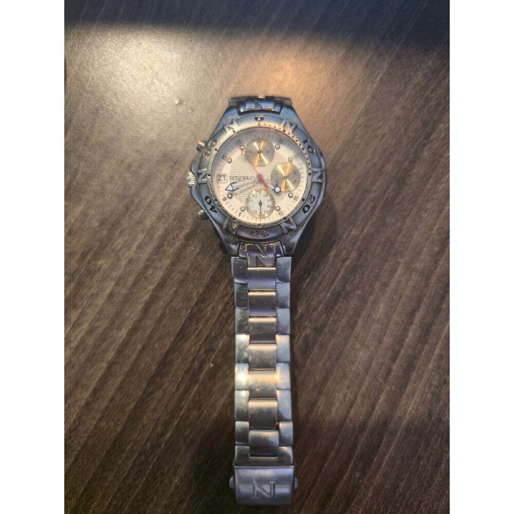 Nautica Men's Chronograph Watch White Dial Stainless Steel 100m Compass Bezel VT